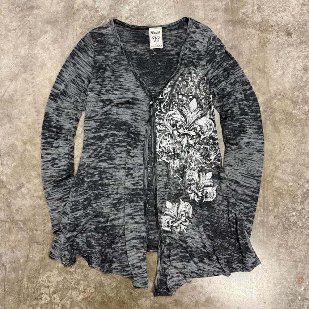 Vocal Fleur De Lis Rhinestone Grunge Open Front Cardigan Gray Small Y2K McBling